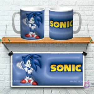 Taza sublimada con diseño 3D de Sonic el Erizo en pose de acción sobre fondo azul