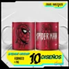 Taza blanca sublimada con diseño 3D inflado de la cabeza de Spider-Man en rojo y logo 'SPIDER-MAN' en el reverso, sobre fondo blanco con rayos de acción. Incluye banner 'ENVIO INMEDIATO' y '10 DISEÑOS' en amarillo.