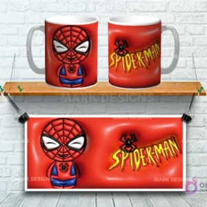 Taza sublimada con diseño 3D de Spiderman estilo chibi con su logo sobre fondo rojo