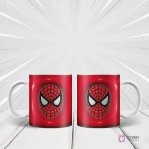 Taza blanca sublimada con diseño 3D inflado de la máscara de Spider-Man (solo ojos) en rojo, repetido en ambos lados, sobre fondo blanco con rayos de acción.