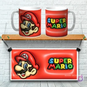 Taza sublimada con diseño 3D de la cara de Super Mario Bros sobre fondo rojo vibrante