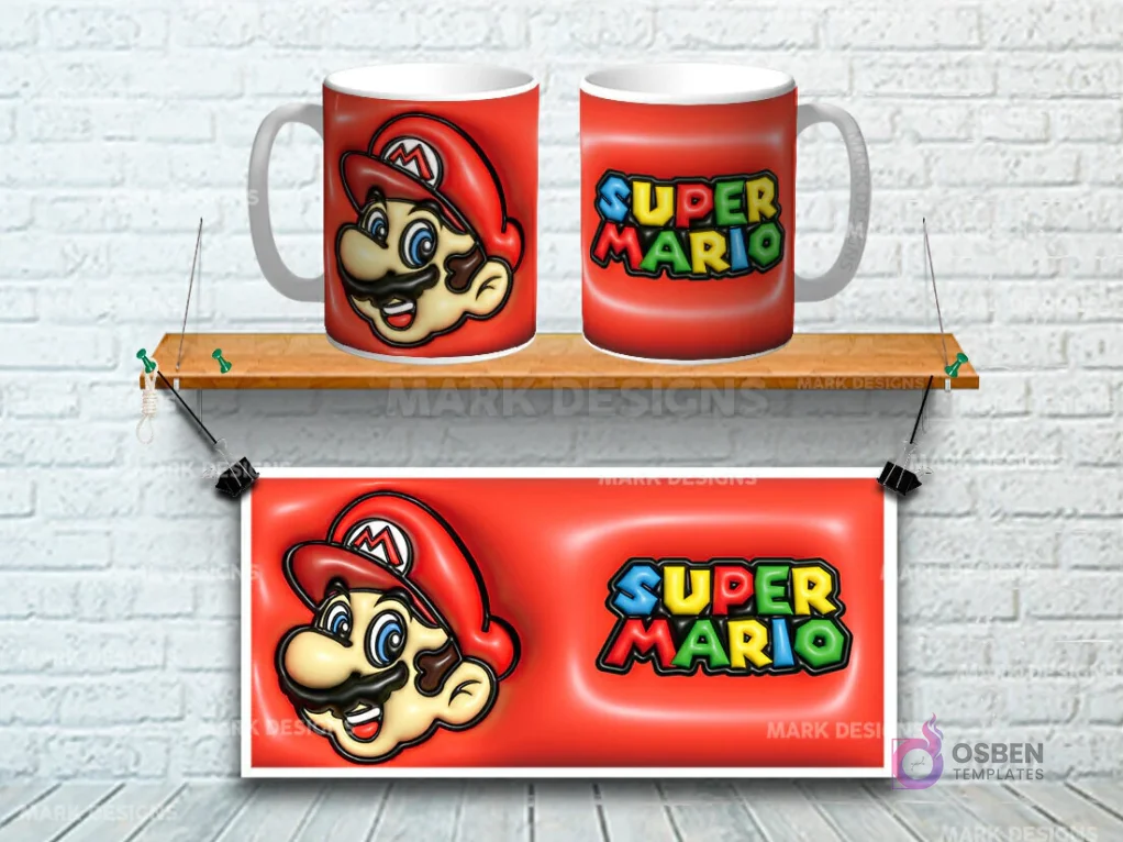 Taza sublimada con diseño 3D de la cara de Super Mario Bros sobre fondo rojo vibrante Taza sublimada con diseño 3D de la cara de Super Mario Bros sobre fondo rojo vibrante