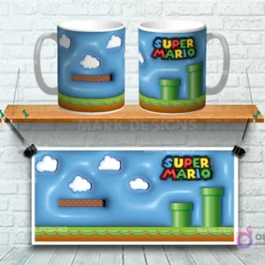 Taza sublimada con diseño 3D del nivel de Super Mario Bros con nubes, ladrillos y tuberías