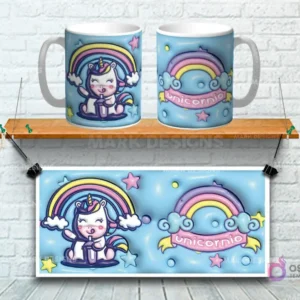 Taza sublimada con diseño 3D de unicornio kawaii con arcoíris y estrellas sobre fondo azul