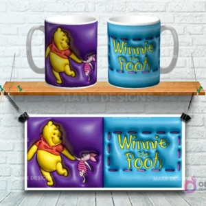 Taza sublimada con diseño 3D de Winnie the Pooh y Piglet, fondo morado y azul cosido