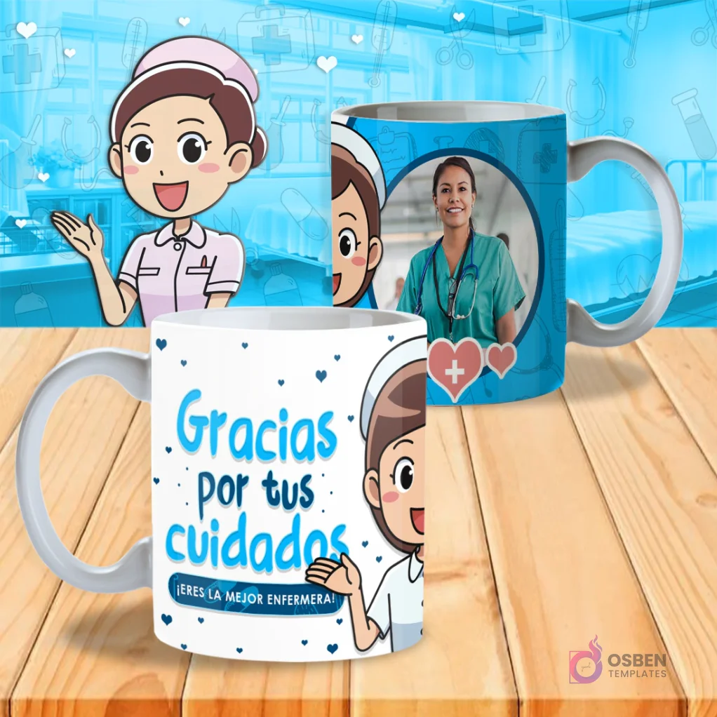 Mockup de dos tazas blancas con diseño 'Gracias por tus cuidados ¡Eres la mejor enfermera!' en azul, con ilustraciones de corazones y una enfermera animada en un fondo de hospital. Mockup de dos tazas blancas con diseño 'Gracias por tus cuidados ¡Eres la mejor enfermera!' en azul, con ilustraciones de corazones y una enfermera animada en un fondo de hospital.