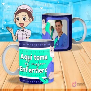 Mockup de dos tazas blancas con diseño 'Aquí toma el mejor Enfermero' en verde y azul, con ilustraciones de enfermeros y espacio para foto, sobre un fondo de hospital.