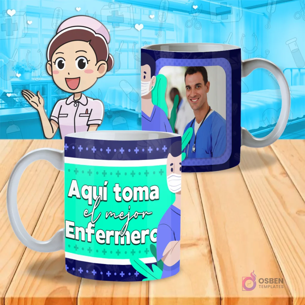 Mockup de dos tazas blancas con diseño 'Aquí toma el mejor Enfermero' en verde y azul, con ilustraciones de enfermeros y espacio para foto, sobre un fondo de hospital. Mockup de dos tazas blancas con diseño 'Aquí toma el mejor Enfermero' en verde y azul, con ilustraciones de enfermeros y espacio para foto, sobre un fondo de hospital.