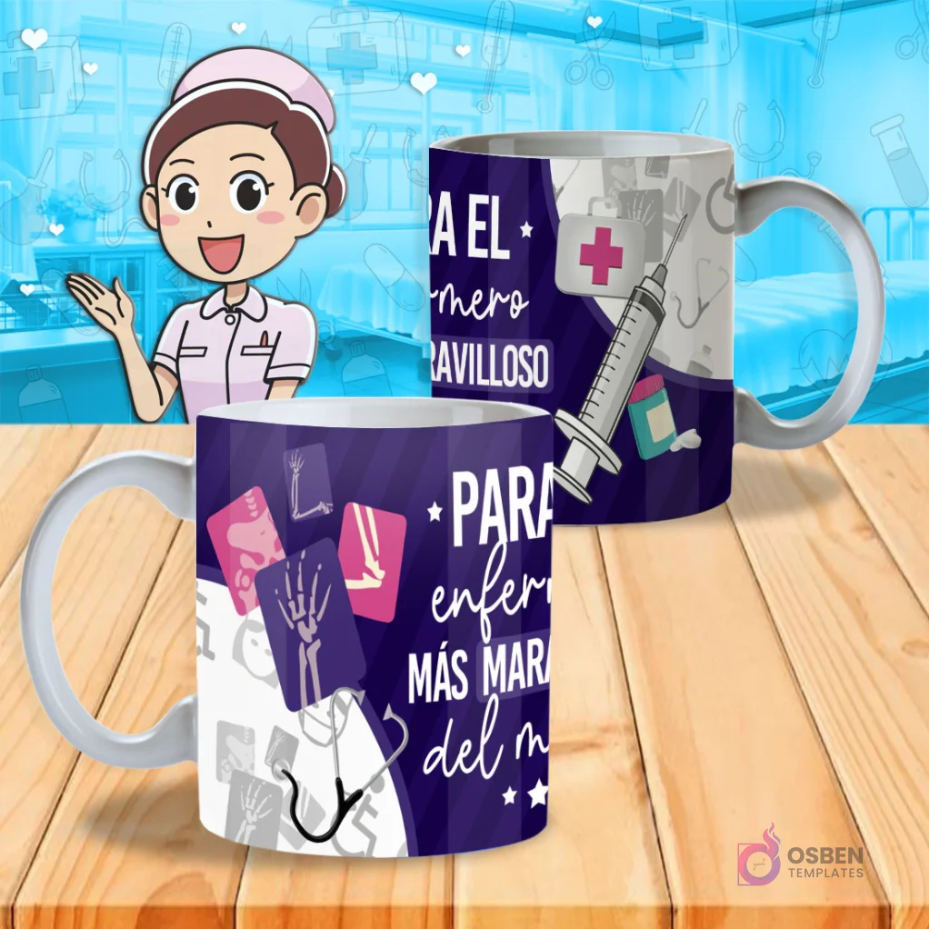 Mockup de dos tazas blancas con diseño 'Para la enfermera más maravillosa del mundo' en púrpura, con ilustraciones de radiografías y estetoscopio, sobre un fondo de hospital. Mockup de dos tazas blancas con diseño 'Para la enfermera más maravillosa del mundo' en púrpura, con ilustraciones de radiografías y estetoscopio, sobre un fondo de hospital.