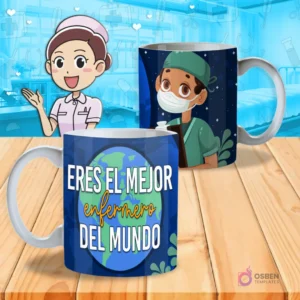 Mockup de dos tazas blancas con diseño 'Eres el mejor enfermero del mundo' con un globo terráqueo y un enfermero animado de piel oscura, sobre un fondo de hospital.