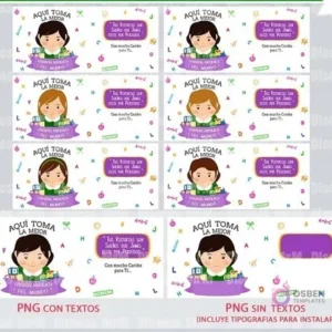 Diseños planos en PNG para sublimación de tazas, mostrando 6 versiones con texto inspirador y 6 versiones sin texto de la ilustracion de la educadora (varios tonos de cabello), con elementos educativos