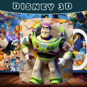 Taza sublimada con diseño 3D de Buzz Lightyear de Toy Story en una pose heroica.
