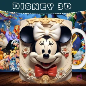 Taza sublimada con diseño 3D de Minnie Mouse con un lazo, en un marco ornamentado con flores.