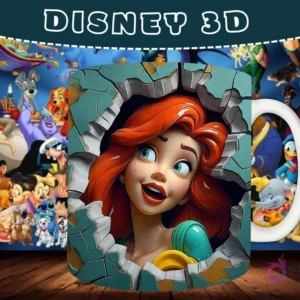 Taza sublimada con diseño 3D de Ariel de La Sirenita sonriendo, emergiendo de una pared rota.