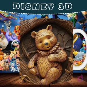 Taza sublimada con diseño 3D de Winnie the Pooh acostado en un tronco de árbol con textura de madera.