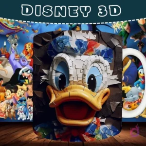 Taza sublimada con diseño 3D de la cara de Donald Duck con un efecto de mosaico y rotura.