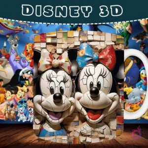 Taza sublimada con diseño 3D de las caras de Mickey y Minnie Mouse con un efecto de mosaico y rotura.
