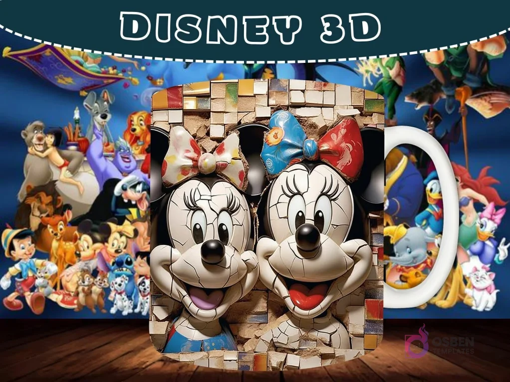 Taza sublimada con diseño 3D de las caras de Mickey y Minnie Mouse con un efecto de mosaico y rotura. Taza sublimada con diseño 3D de las caras de Mickey y Minnie Mouse con un efecto de mosaico y rotura.