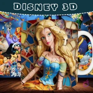 Taza sublimada con diseño 3D de Rapunzel de Enredados con cabello largo, efecto de mosaico.