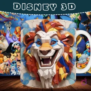 Taza sublimada con diseño 3D de la cabeza de Scar de El Rey León con un efecto geométrico y de mosaico.