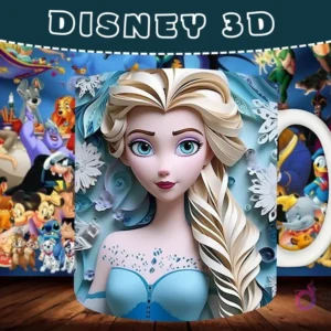 Taza sublimada con diseño 3D de Elsa de Frozen con un elaborado estilo de papel cortado y flores de hielo.