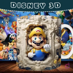 Taza sublimada con diseño 3D de Mario Bros vestido de obrero en un marco ornamental barroco.