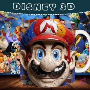 Taza sublimada con diseño 3D de la cara de Mario Bros con un efecto de mosaico y rotura.