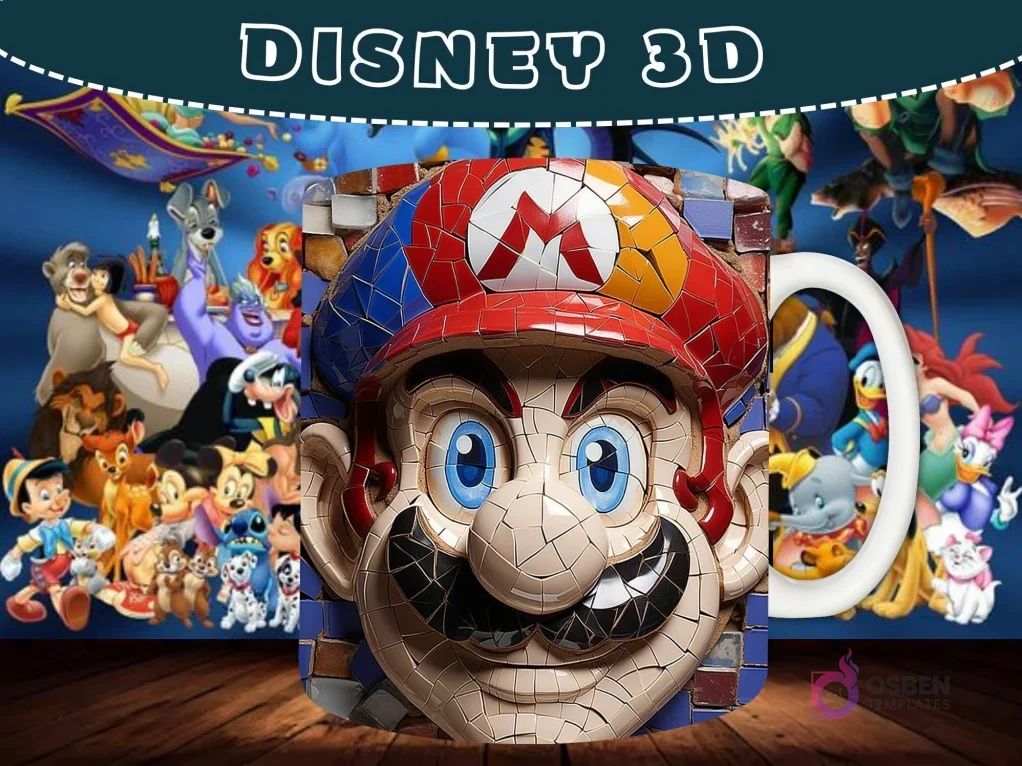 Taza sublimada con diseño 3D de la cara de Mario Bros con un efecto de mosaico y rotura. Taza sublimada con diseño 3D de la cara de Mario Bros con un efecto de mosaico y rotura.