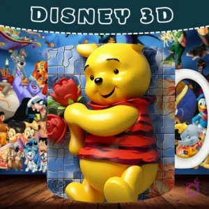 Taza sublimada con diseño 3D de Winnie the Pooh abrazando una rosa, sobre un fondo azul.