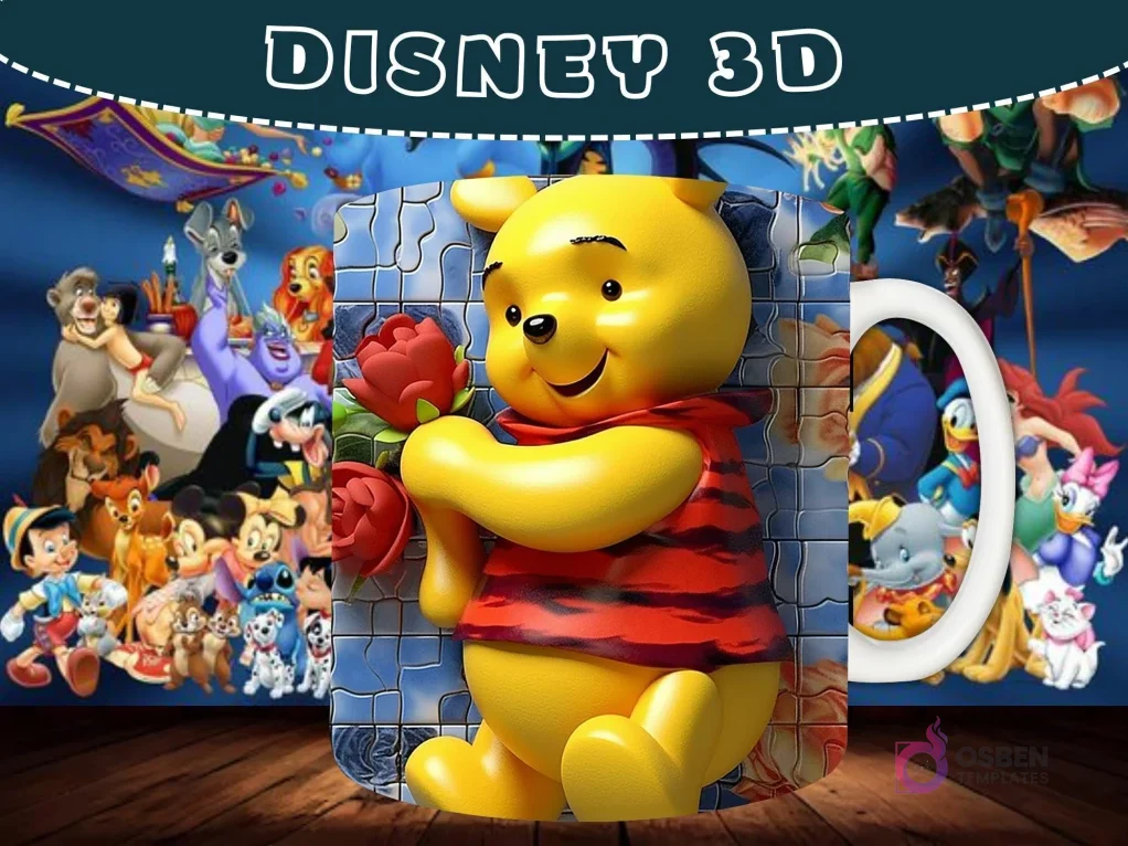 Taza sublimada con diseño 3D de Winnie the Pooh abrazando una rosa, sobre un fondo azul. Taza sublimada con diseño 3D de Winnie the Pooh abrazando una rosa, sobre un fondo azul.
