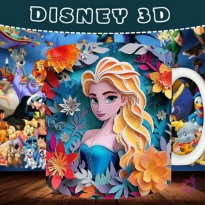 Taza sublimada con diseño 3D de Elsa de Frozen con un vibrante fondo floral de papel cortado.