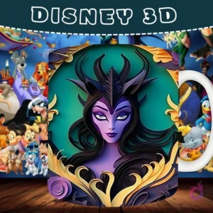 Taza sublimada con diseño 3D de Maléfica con un fondo verde azulado y detalles ornamentales.