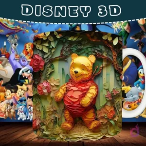 Taza sublimada con diseño 3D de Winnie the Pooh en un bosque, estilo tallado en madera.