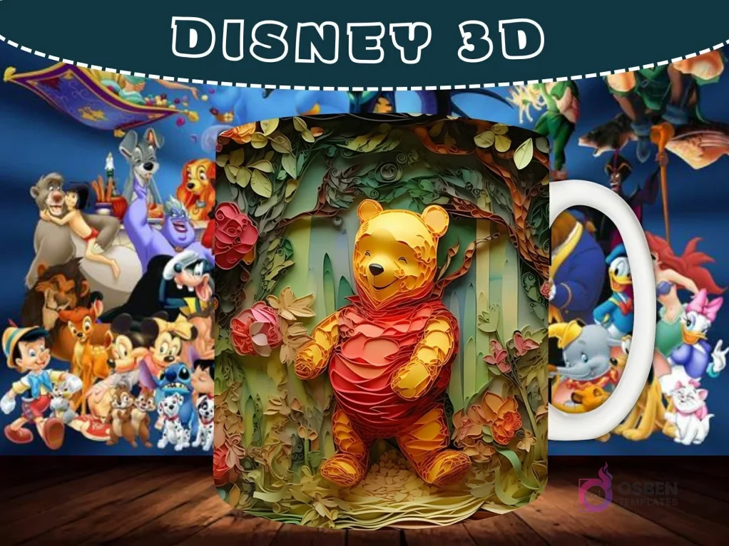 Taza sublimada con diseño 3D de Winnie the Pooh en un bosque, estilo tallado en madera. Taza sublimada con diseño 3D de Winnie the Pooh en un bosque, estilo tallado en madera.
