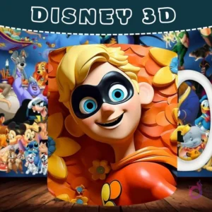 Taza sublimada con diseño 3D de Dash de Los Increíbles sobre un fondo naranja con hojas.