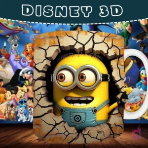 Taza sublimada con diseño 3D de un Minion saliendo de una pared agrietada.