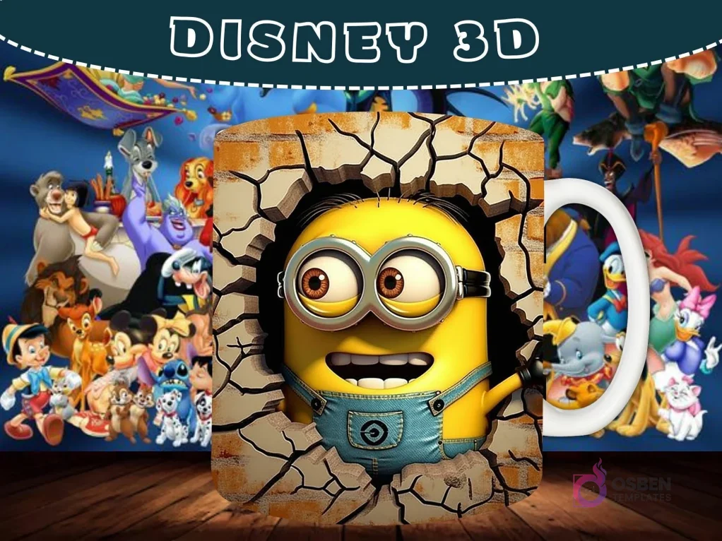 Taza sublimada con diseño 3D de un Minion saliendo de una pared agrietada. Taza sublimada con diseño 3D de un Minion saliendo de una pared agrietada.