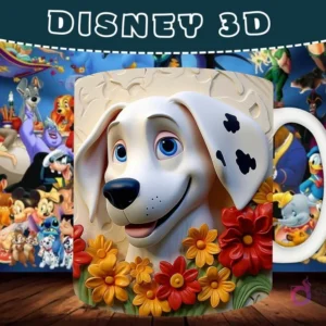 Taza sublimada con diseño 3D de un cachorro Dálmata feliz rodeado de flores coloridas.