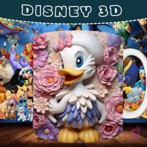 Taza sublimada con diseño 3D de Daisy Duck con un vestido floral y rodeada de flores rosas y moradas.