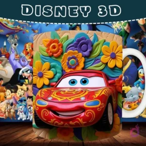 Taza sublimada con diseño 3D de Rayo McQueen de Cars, rodeado de flores ornamentadas.