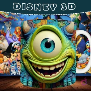 Taza sublimada con diseño 3D de Mike Wazowski de Monsters Inc. con efecto de mosaico.