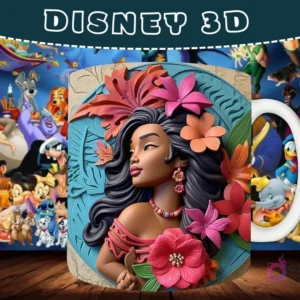 Taza sublimada con diseño 3D de Moana con un fondo floral tropical y hojas.