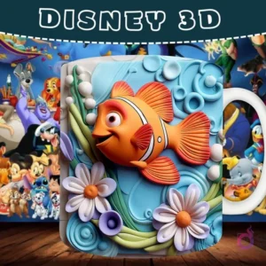 Taza sublimada con diseño 3D de Nemo de Buscando a Nemo en un vibrante arrecife marino.