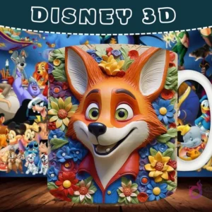 Taza sublimada con diseño 3D de Tod, el zorro de El Zorro y el Sabueso, sonriendo con flores coloridas.