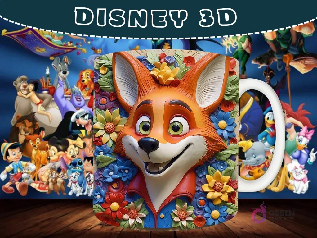 Taza sublimada con diseño 3D de Tod, el zorro de El Zorro y el Sabueso, sonriendo con flores coloridas. Taza sublimada con diseño 3D de Tod, el zorro de El Zorro y el Sabueso, sonriendo con flores coloridas.