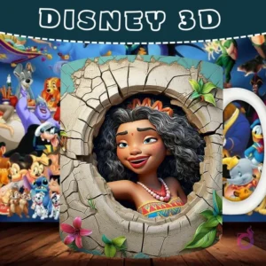 Taza sublimada con diseño 3D de Moana sonriendo, emergiendo de un agujero en una pared agrietada.