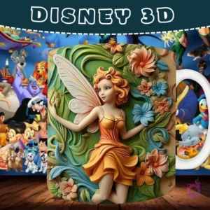 Taza sublimada con diseño 3D de Tinker Bell (Campanita) con alas, rodeada de hojas y flores.