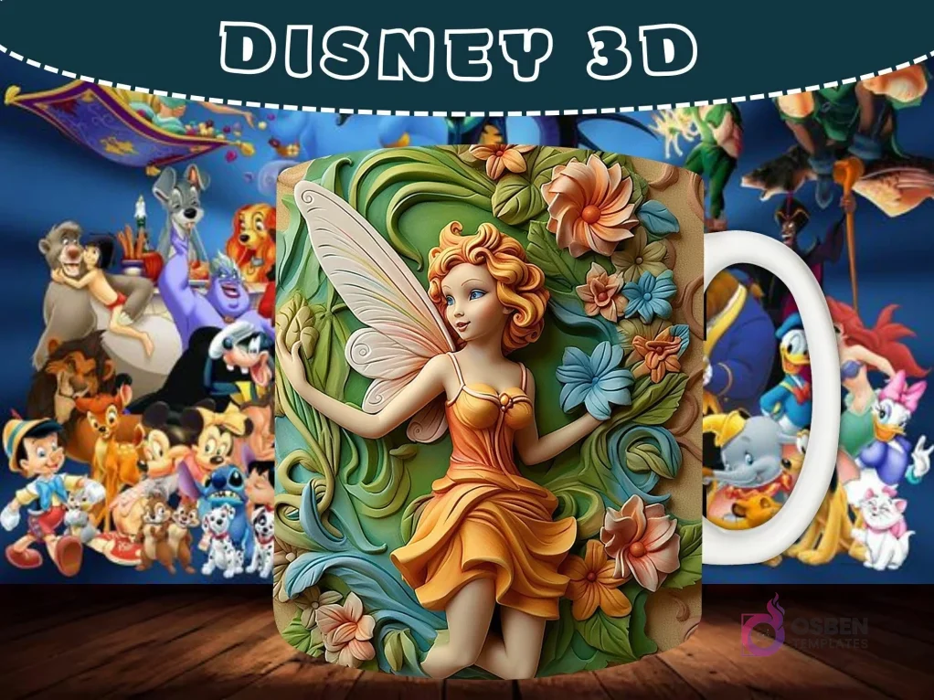Taza sublimada con diseño 3D de Tinker Bell (Campanita) con alas, rodeada de hojas y flores. Taza sublimada con diseño 3D de Tinker Bell (Campanita) con alas, rodeada de hojas y flores.