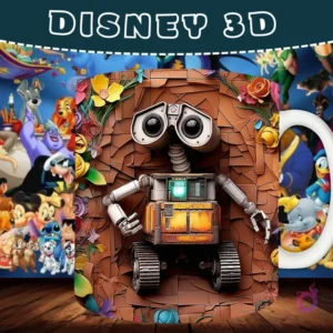 Taza sublimada con diseño 3D de WALL-E, el robot, emergiendo de una pared agrietada con texturas.