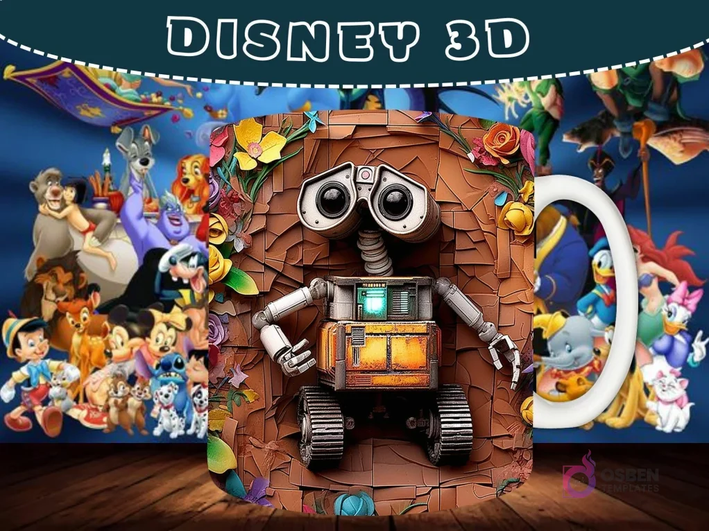 Taza sublimada con diseño 3D de WALL-E, el robot, emergiendo de una pared agrietada con texturas. Taza sublimada con diseño 3D de WALL-E, el robot, emergiendo de una pared agrietada con texturas.